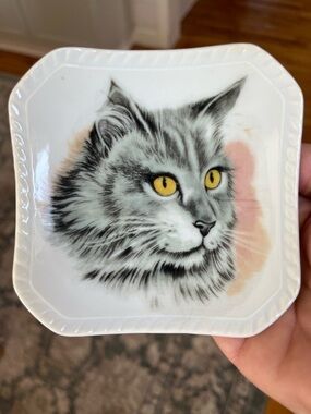 Vintage Cat Trinket Dish with Gray Tabby Portrait - White Made in Japan